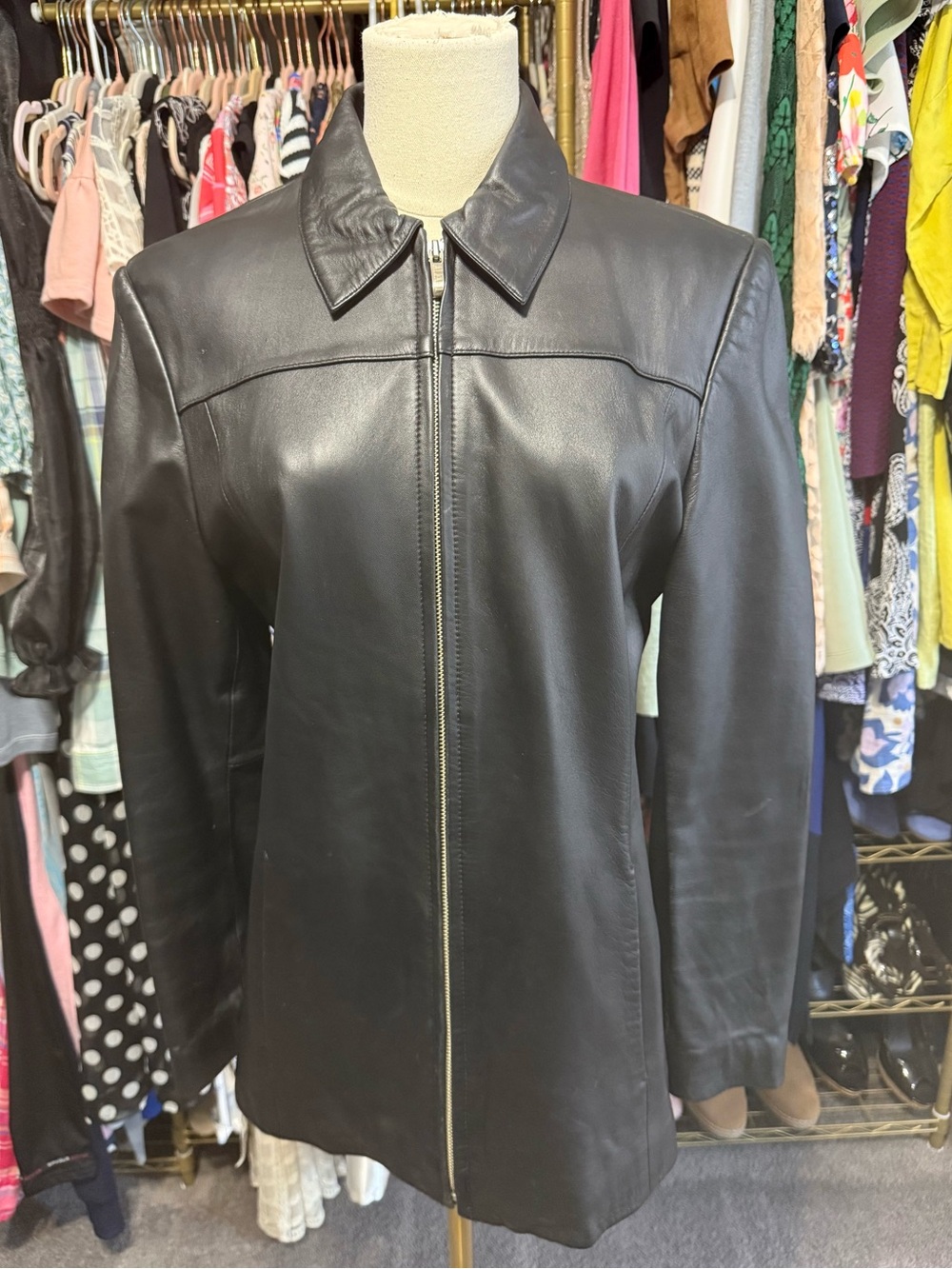 VTG Alfani Black Genuine Leather Zip-Up Jacket - Size M